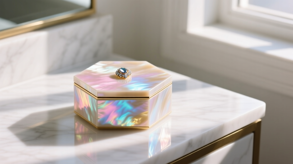 Hexagonal mother of pearl seashell jewelry box resting on a white marble vanity, illuminated by soft warm morning sunlight