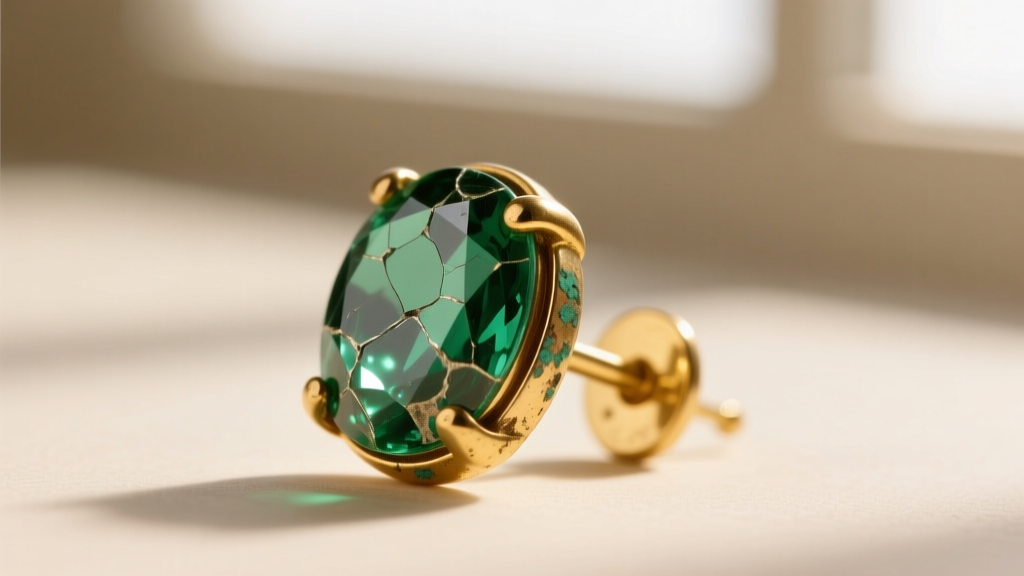 Macro view of a vintage 90s gold-plated doll earring post showing green verdigris oxidation and worn acrylic gems in soft light