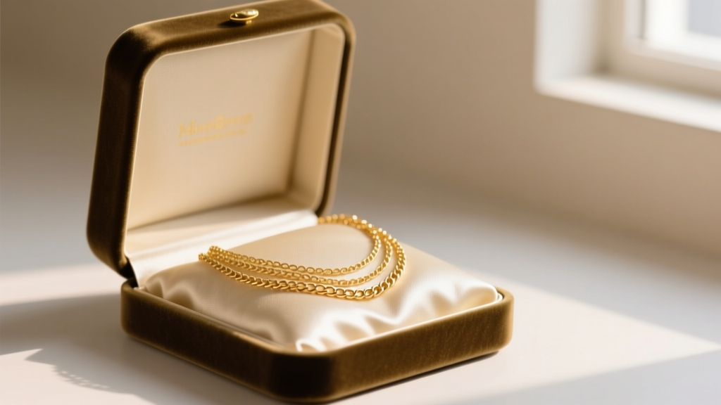 Velvet gift box revealing a delicate 14k layered gold chain necklace set resting on cream silk under soft natural lighting