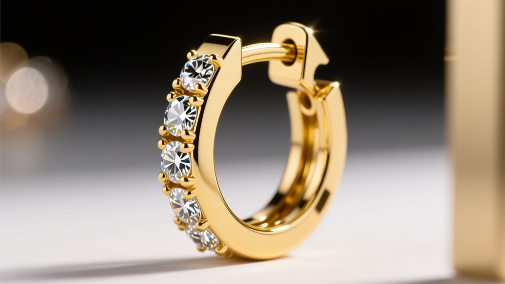 Macro photography of a secure latchback clasp on an 18k yellow gold hoop diamond earring showing the precise hinge mechanism.