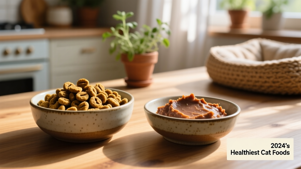 Two bowls side-by-side: one with premium dry kibble, one with moist pate-style wet food