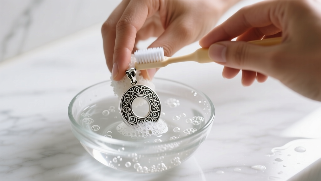 Hands gently scrubbing a sterling silver chai pendant with an extra-soft baby toothbrush and soapy water in a small glass bowl.
