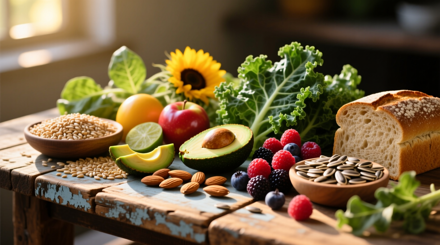 Colorful assortment of high fiber foods on wooden table