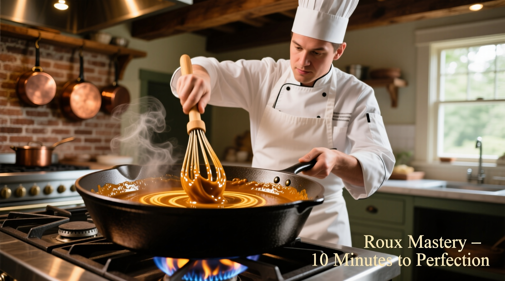 Chef whisking golden brown roux in cast iron skillet
