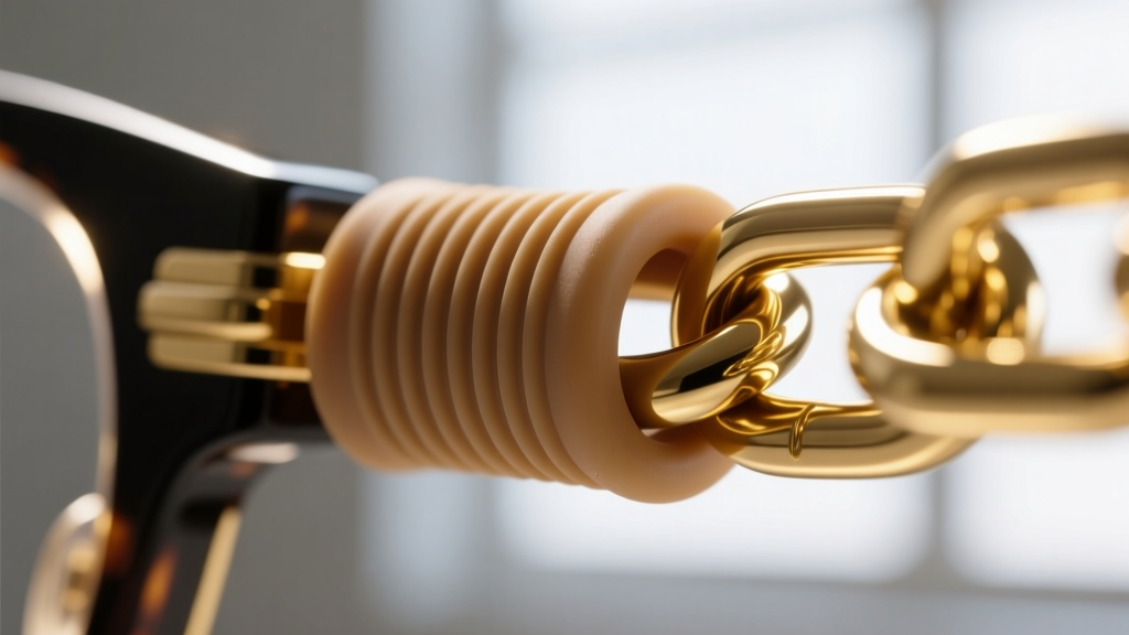 Macro shot of silicone eyeglass grip on gold chain link, highlighting rubber texture and internal tension ridge design details