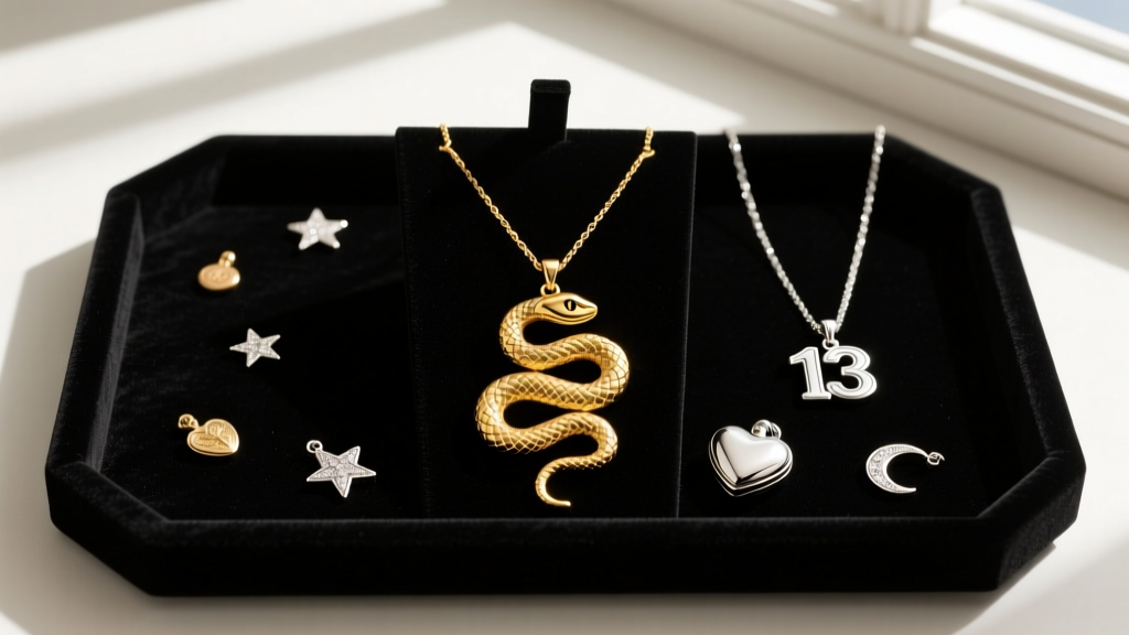 Flat lay of Taylor Swift era-inspired necklaces including a gold snake pendant and silver 13 charm on a dark velvet display tray.