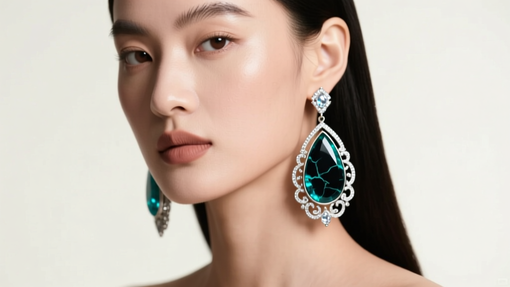 Model wearing large teardrop turquoise and sterling silver dangle earrings, soft studio lighting highlighting the dark stone matrix