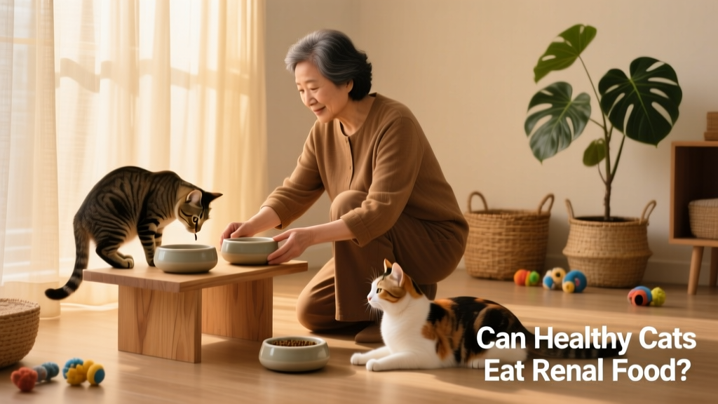 A cat owner gently placing two separate bowls on a raised platform and floor, demonstrating height-based feeding separation