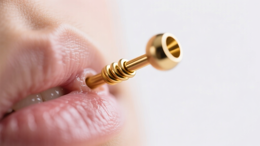 Macro shot of a healing helix piercing with a 16-gauge gold threadless end, showing healthy tissue without redness or crust buildup.
