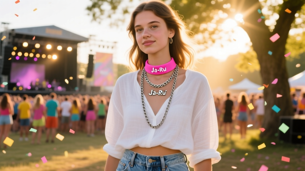 A teen layering a pink Ja-Ru silicone band necklace over a vintage silver chain at a sunny outdoor summer music festival event