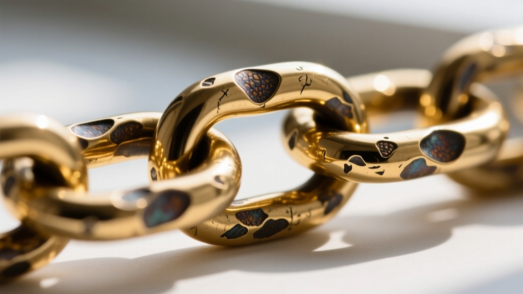 Macro shot of an Anthony Nak mixed-metal chain link, highlighting the hand-hammered texture and oxidized 14k gold finish.