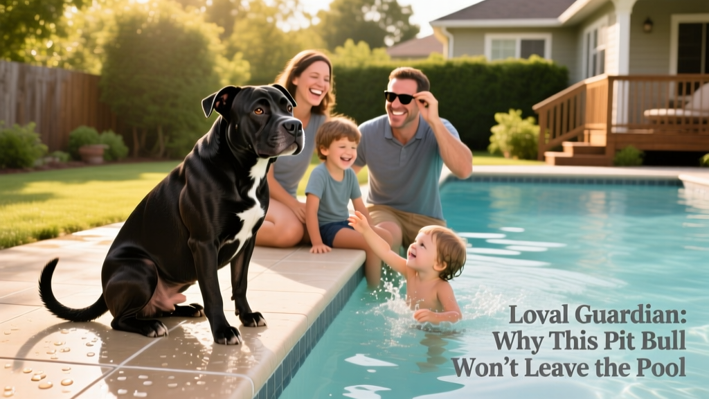 Family laughing together beside pool as pit bull sits calmly nearby, tail wagging