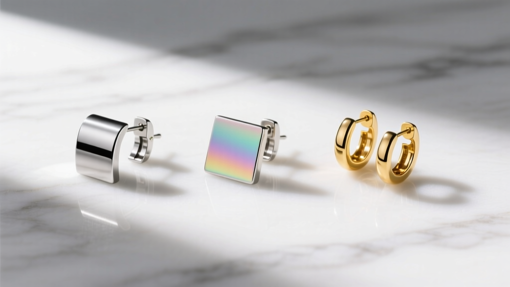 Flat lay of hypoallergenic earring materials like implant-grade titanium, niobium, and 14k gold on a bright white marble surface.