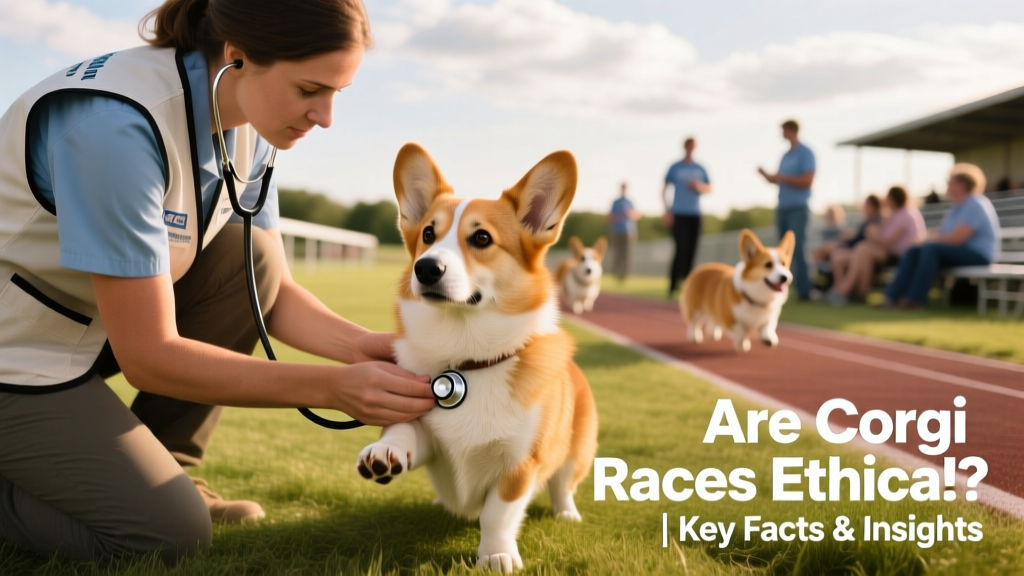 A volunteer veterinarian gently checking a corgi’s paws and heart rate before a race, with calm background activity