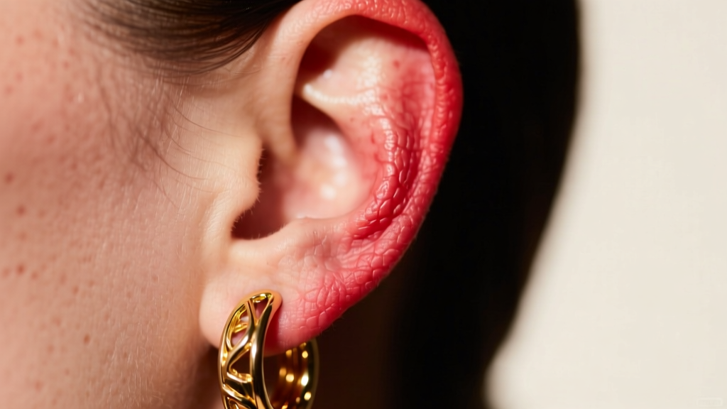 Close-up of a red, irritated earlobe wearing a heavy gold hoop earring, soft studio lighting highlighting skin texture and metal