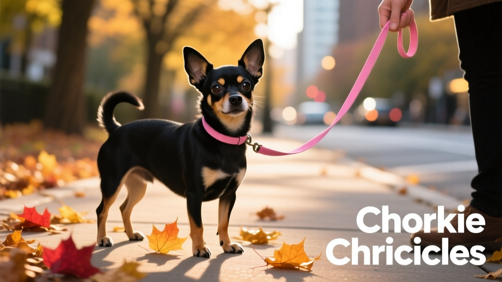 chorkie on pink leash standing on a sidewalk next to fallen leaves