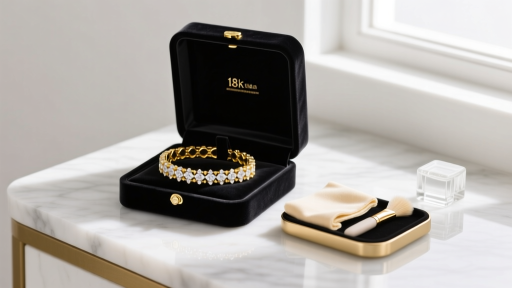Elegant velvet box revealing an 18k yellow gold diamond tennis bracelet next to a premium jewelry cleaning kit on a marble vanity