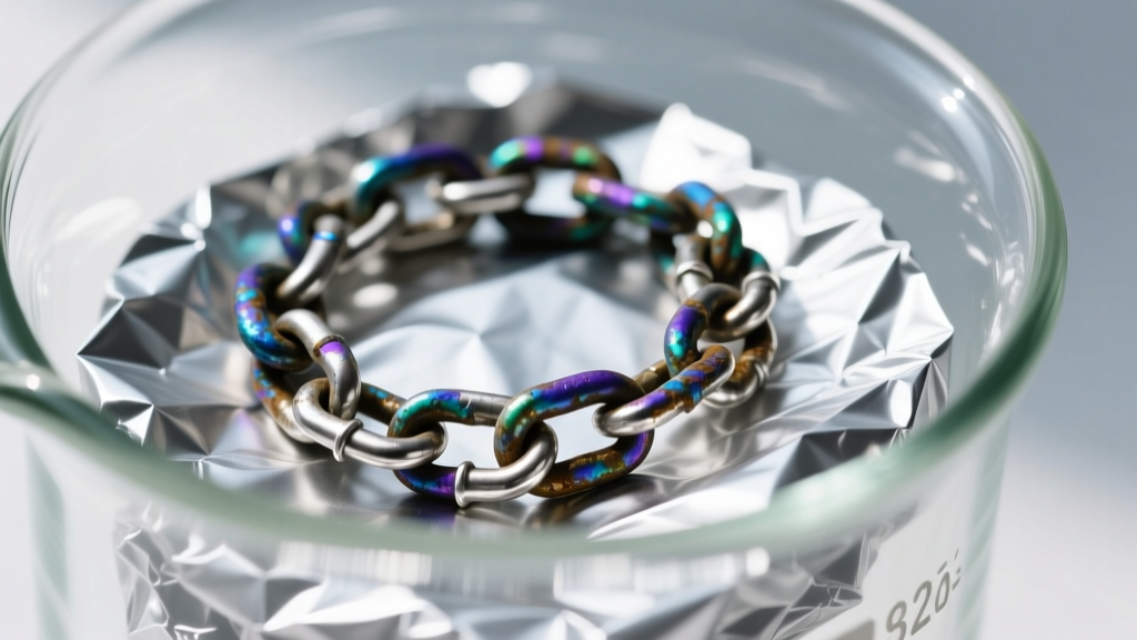 Macro photography of a heavily tarnished 925 sterling silver chain link resting on crumpled aluminum foil inside a glass beaker