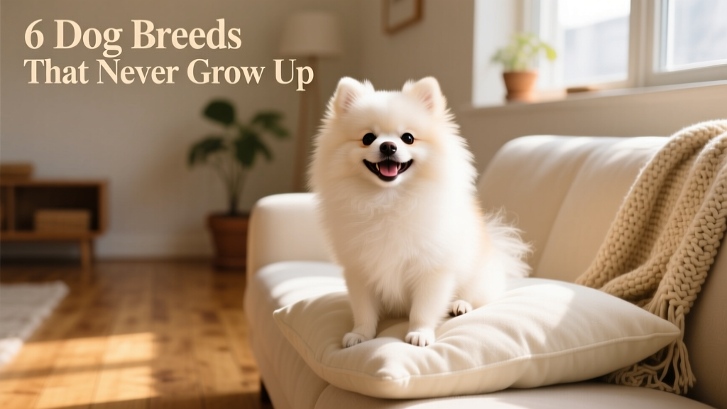 A smiling Pomeranian with fluffy fur and bright eyes, perched on a cozy couch cushion