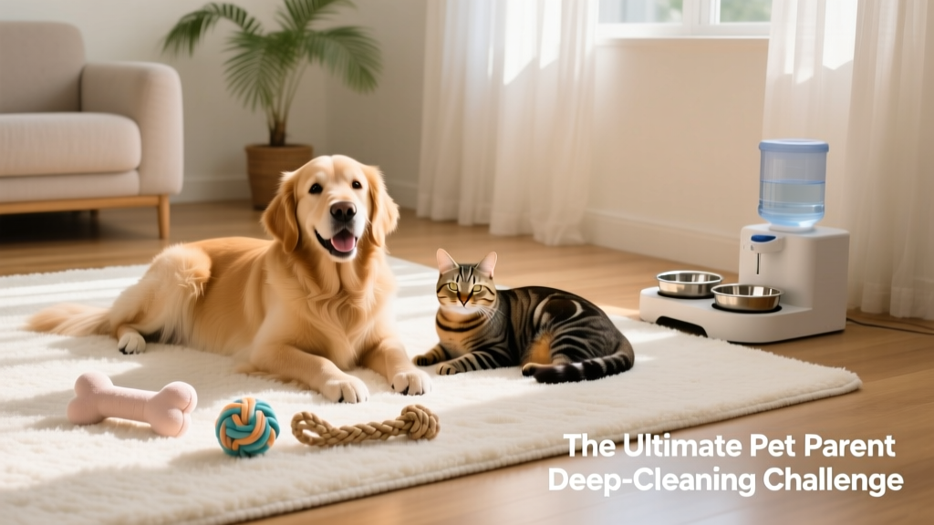 A happy dog and cat resting side by side on a freshly cleaned rug, surrounded by clean toys and a tidy feeding station