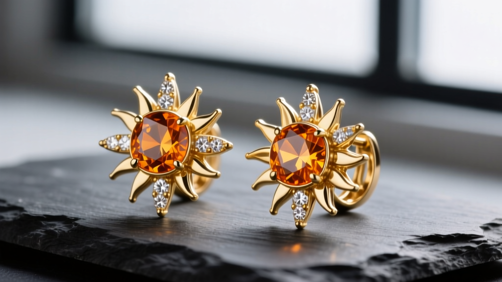 Macro view of 18k gold sunshine earrings with bezel-set citrine and hinged diamond sunburst rays resting on dark slate.