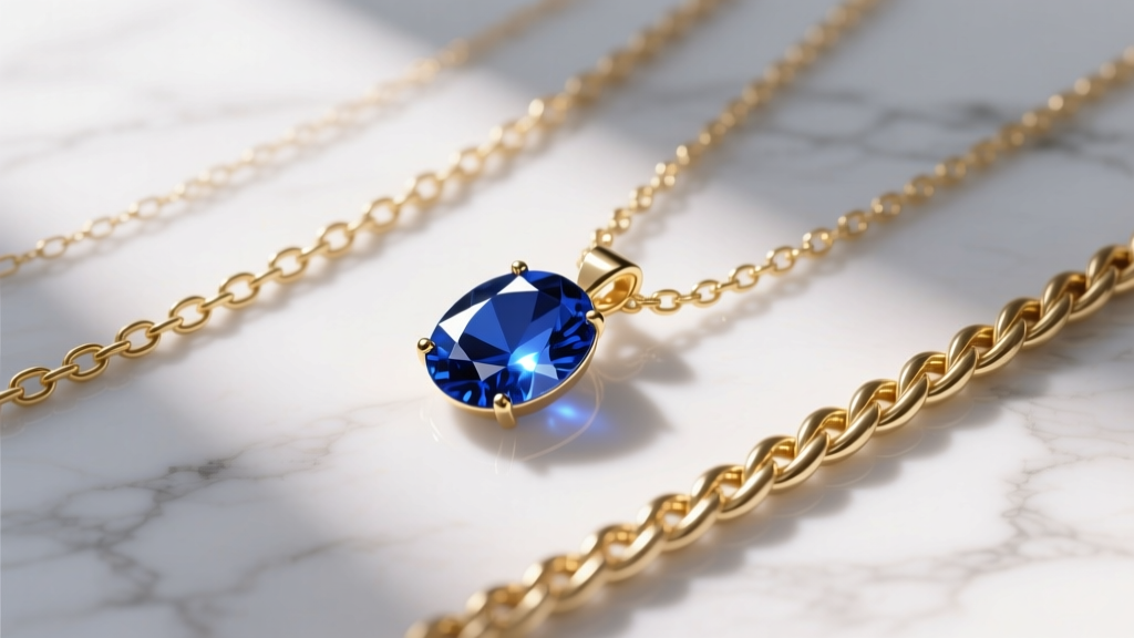Flat lay of three distinct gold chains of varying lengths, with a central oval blue sapphire pendant resting on white marble.