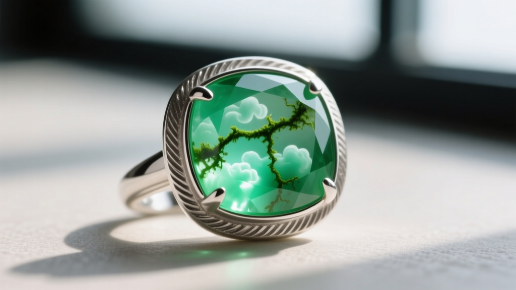Macro photography of a translucent green chrysoprase gemstone set in a thick 925 silver bezel, highlighting natural inclusions