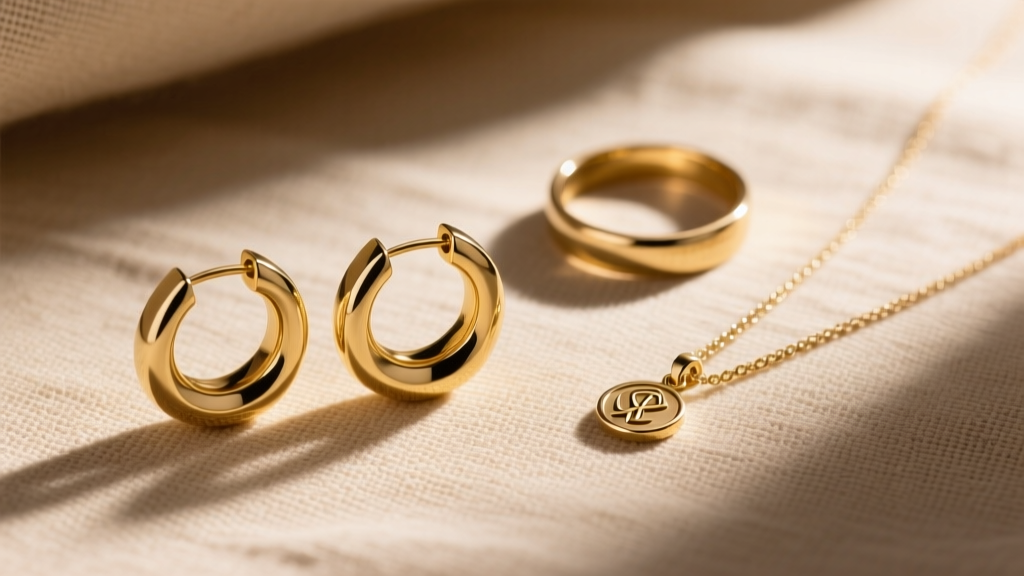 Flat lay of a jewelry capsule featuring solid 14k gold hoops, a plain band, and a pendant resting on textured beige linen fabric