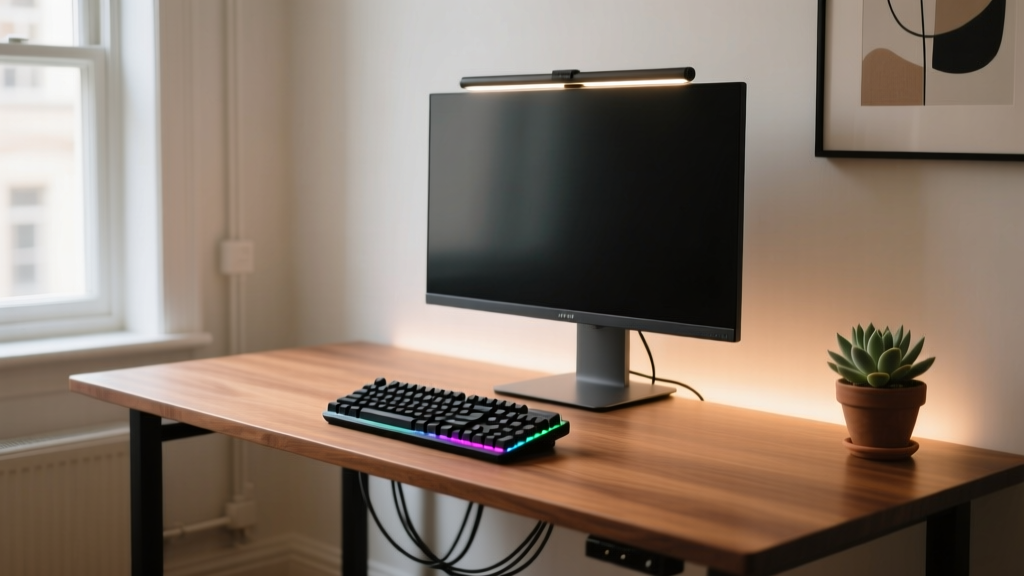Small apartment home office featuring a 40-inch wooden desk equipped with ultra-compact mechanical keyboard and monitor light bar