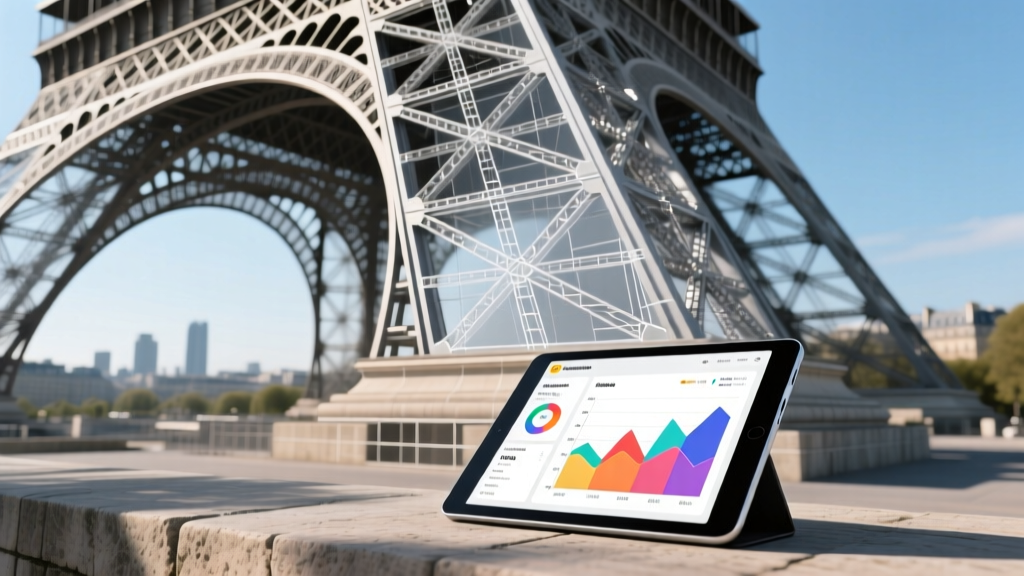 Detailed architectural blueprint of the Eiffel Tower base overlaid with modern structural steel beams and a digital cost analysis tablet