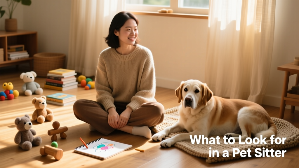 A confident, kind-eyed sitter sitting cross-legged on the floor, surrounded by toys and a relaxed senior dog resting nearby