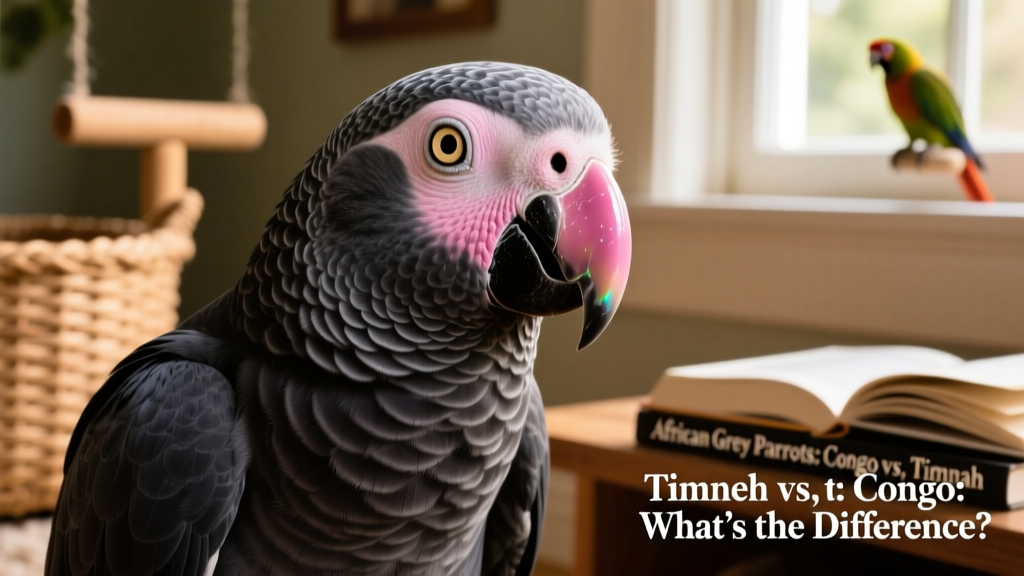 Close-up of a Timneh African grey’s unique pink-horn beak and expressive eyes