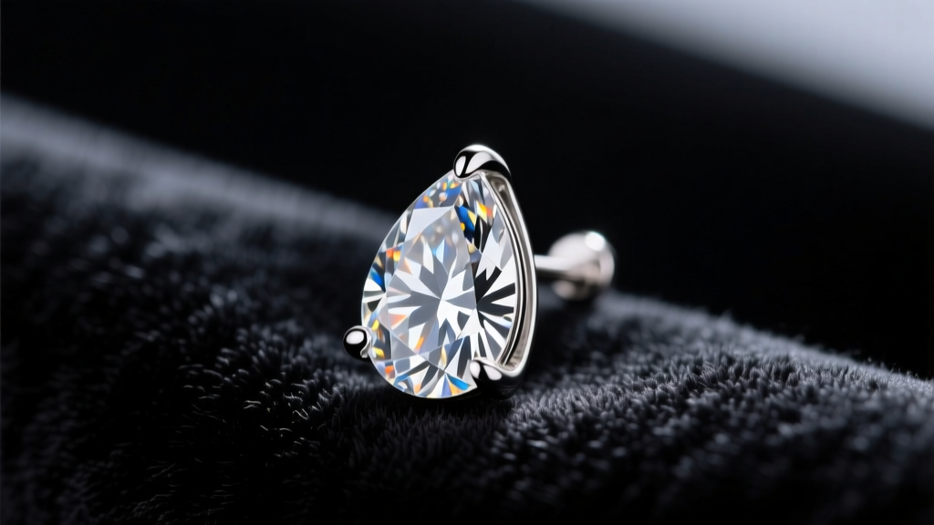 Close-up of a 1.5-carat teardrop diamond earring in platinum with a V-prong, resting on dark velvet under soft studio lighting.