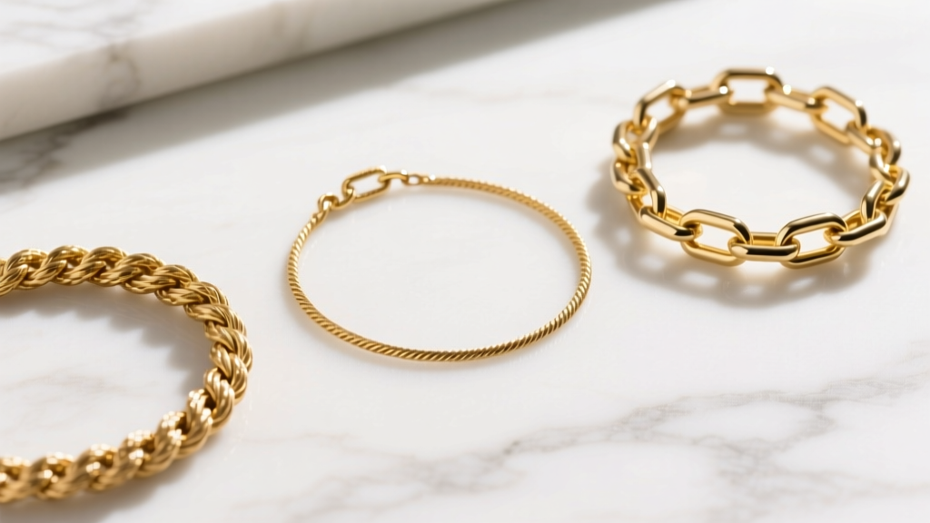 Flat lay of three gold chain styles: a 1mm cable chain, a 1.5mm box chain, and a 2mm rope chain on a white marble surface.