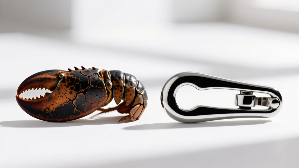 Macro shot comparing a heavily oxidized, pitted base-metal lobster clasp next to a shiny, high-quality stainless steel trigger clasp.