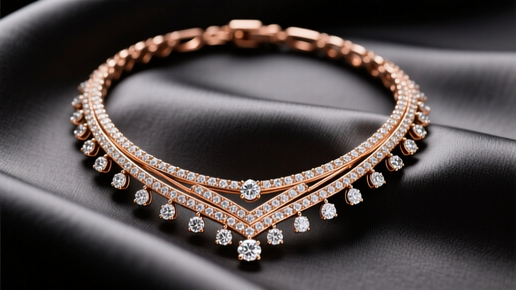 Close-up of an 18k rose gold Roberto Coin Appia diamond station necklace resting on dark charcoal silk under warm studio lighting.