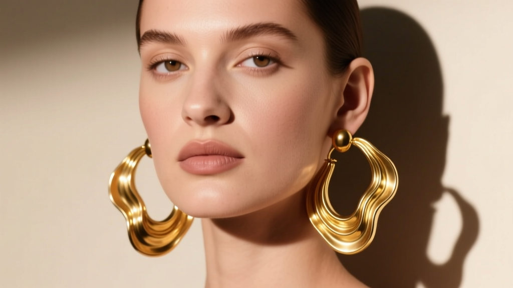 Model wearing thick 14k yellow gold wavy hoop earrings, soft studio lighting highlighting the undulating metal texture.