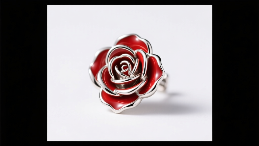 Sterling silver rose birth flower earring with vibrant red cold enamel accents on the petals, under soft studio lighting.
