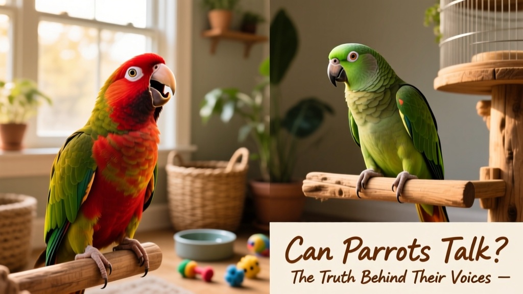 Side-by-side comparison: a bright cherry-headed conure vocalizing loudly versus a calmer green-cheeked conure sitting quietly on a perch