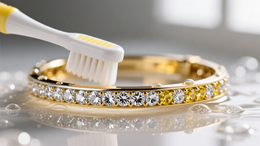 Soft bristle toothbrush gently cleaning the pavé diamond setting of a two-tone white and yellow gold bracelet in warm soapy water