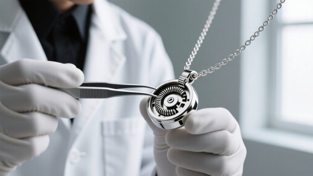 Jeweler using tweezers to inspect the internal steel spring mechanism inside an open 9mm sterling silver bolt ring necklace clasp