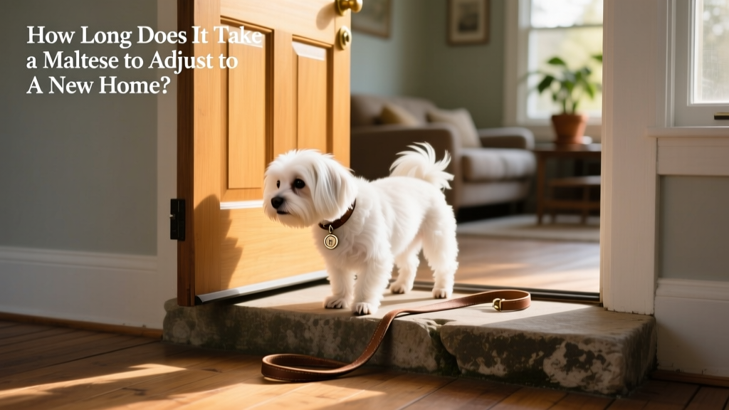 A Maltese gently sniffing near a closed front door, with a leash and collar nearby