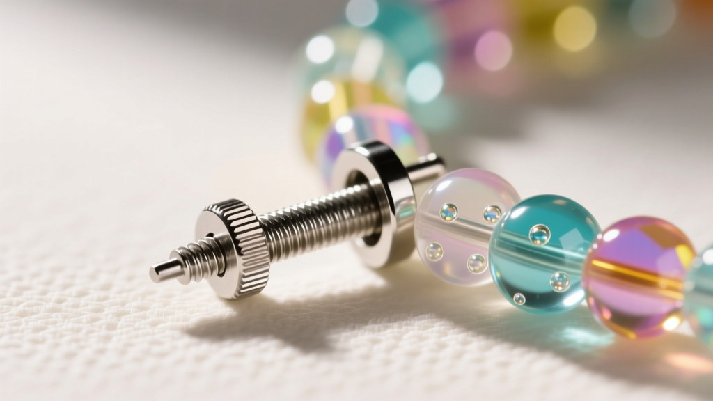 Macro shot of an implant-grade titanium earring post next to translucent UV resin pony beads, sharp focus on metal threading.