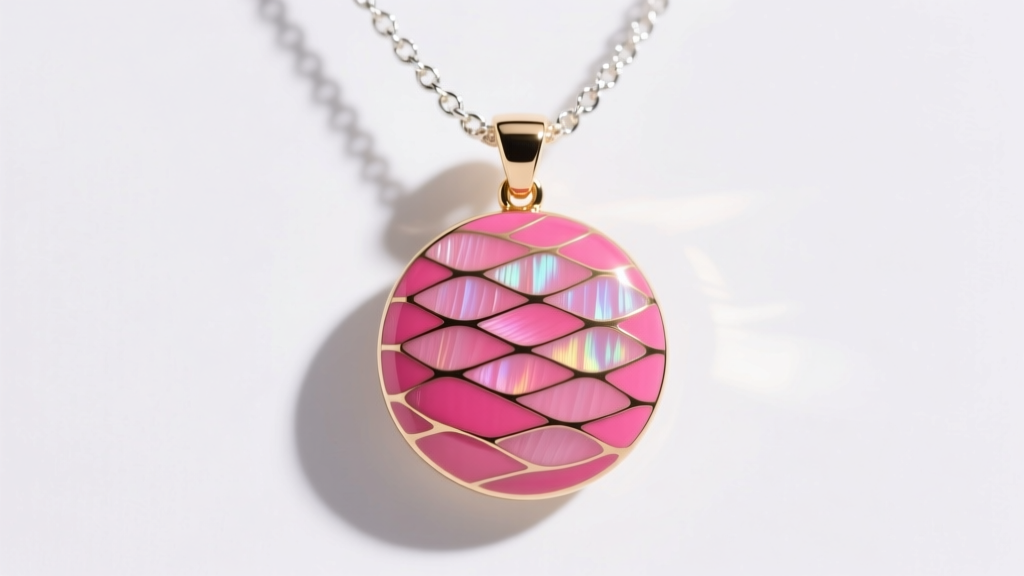 Macro shot of bright pink vitreous enamel guilloche pendant on a white gold chain, highlighting the translucent layered texture.