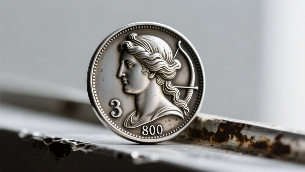 Close-up of an Austro-Hungarian hallmark showing the Diana head profile and number 3 for 800 silver on a tarnished metal edge.