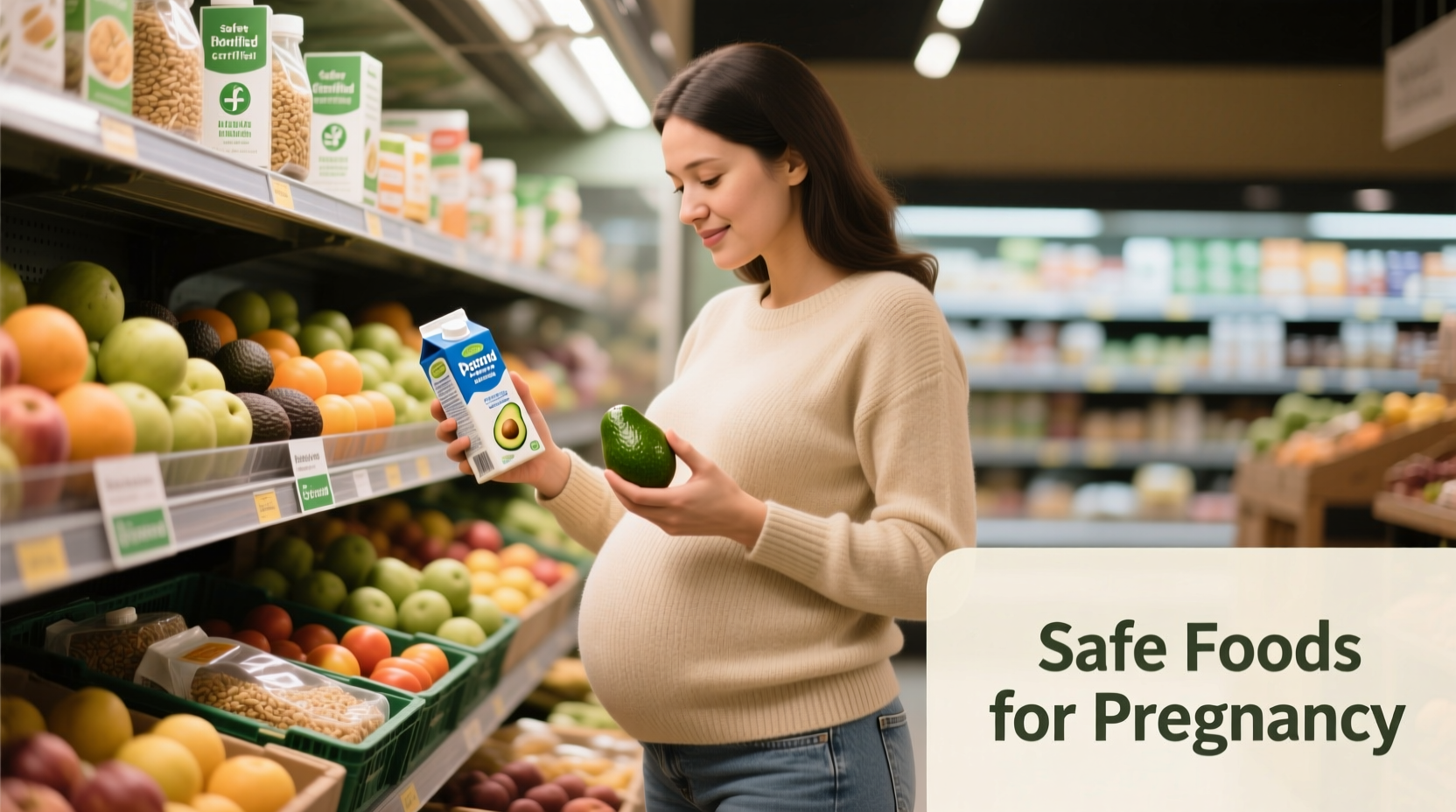 Pregnant woman selecting safe foods at grocery store