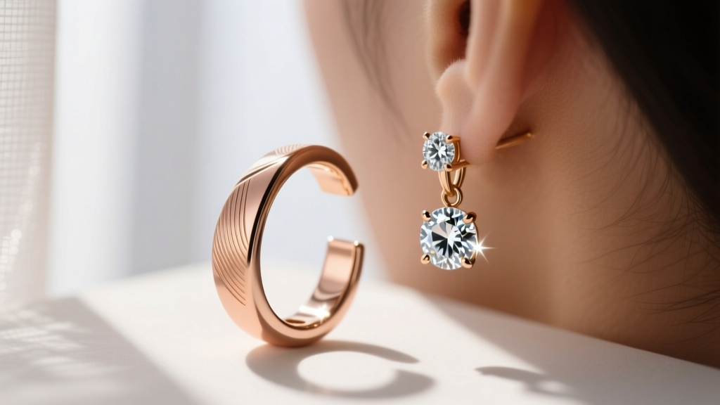Close-up of an asymmetrical rose gold ear cuff and mismatched diamond drop earring under soft romantic lighting