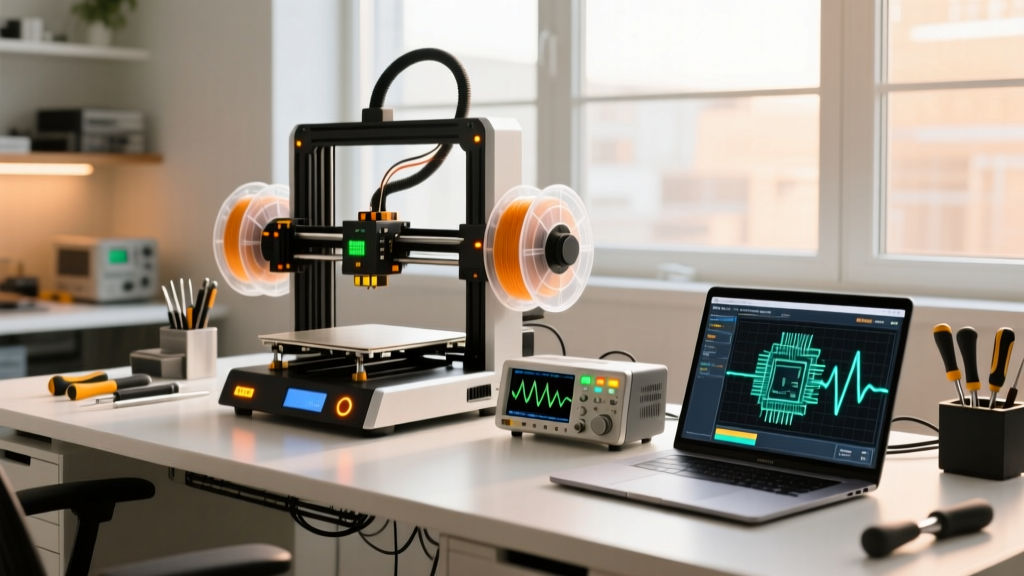 A brightly lit maker workspace in 2026 featuring a 3D printer, an oscilloscope, and a laptop displaying AI-generated PCB schematics.