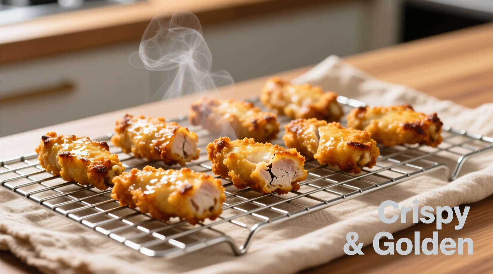 Golden baked chicken tenders on wire rack