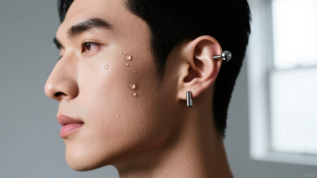 Side profile of a male model with a fresh helix cartilage piercing, showing a flat-back titanium barbell and sterile saline spray.